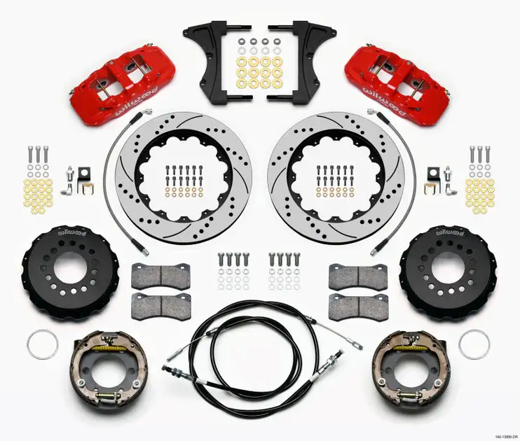 Wilwood AERO4 Rear Kit 14.00 Drilled Red 2005-2014 Mustang w/ BMR Suspn. w/Lines