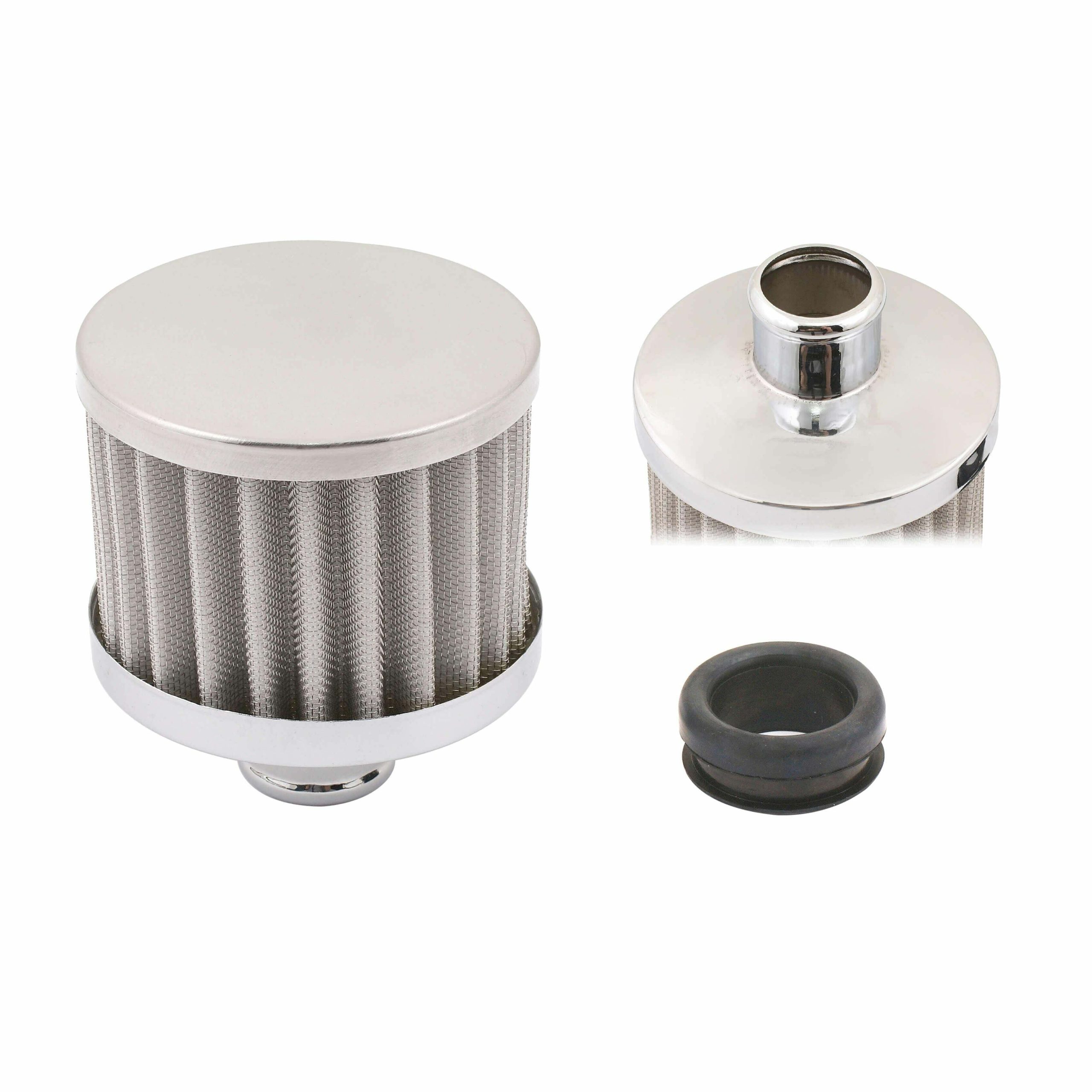 Mr. Gasket Valve Cover Breather Push-In Round Steel/Rubber Chrome 2049G