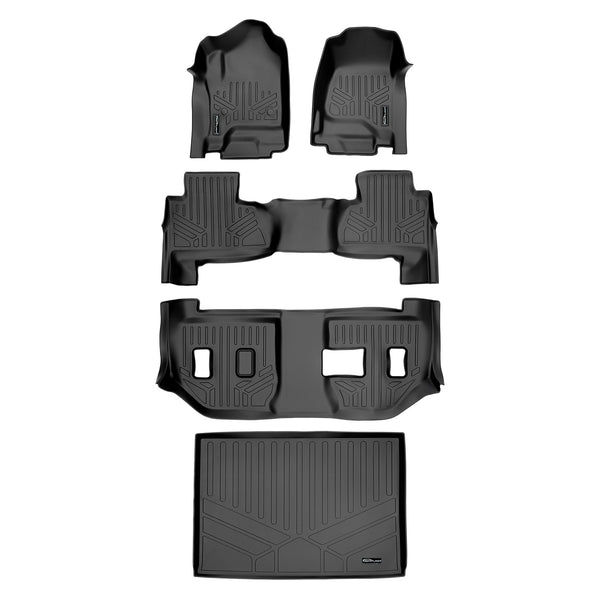 SMARTLINER Floor Mats 3 Rows and Cargo Liner Behind 3rd Row Set Compatible With 2015-2020 Suburban / Yukon XL (SA0136/B0221/C0166/E0159)