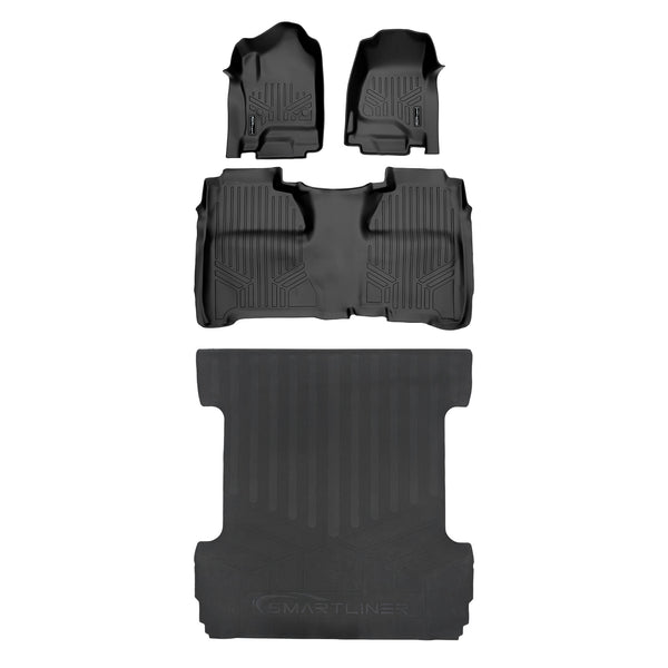 SMARTLINER Custom Fit Floor Mats 2 Row & Truck Bed Liner Set Black Compatible with Crew Cab 2014-2018 Silverado/Sierra 1500