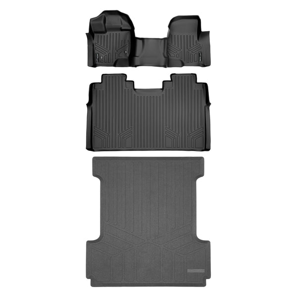SMARTLINER Custom Fit 2 Row Floor Mats & Truck Bed Mat Set Compatible With 15-25 Ford F-150 SuperCrew Cab w/ 1st Row Bench Seat (SA0212/B0188/K0167)