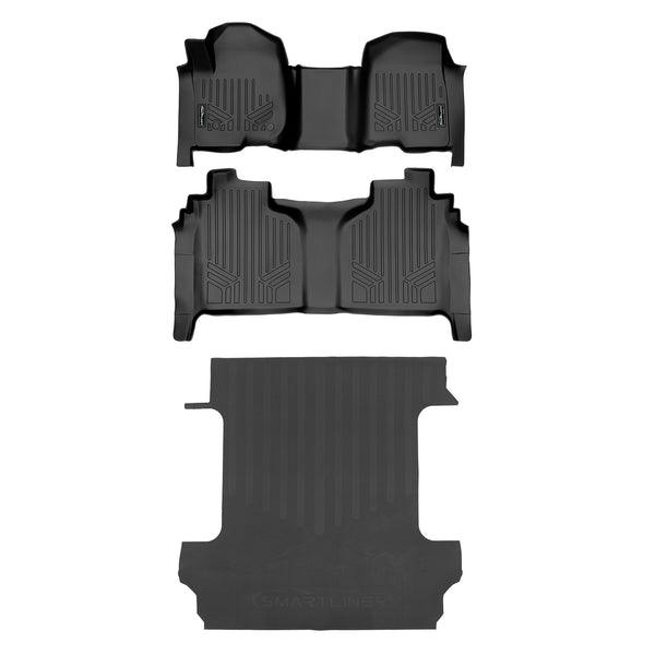 SMARTLINER Floor Mats 2 Rows & Truck Bed Mat Set Compatible with 2019-2024 1500 Silverado/Sierra Crew Cab with 1st Row Bench Seat (SA0401/B0400/J0400)